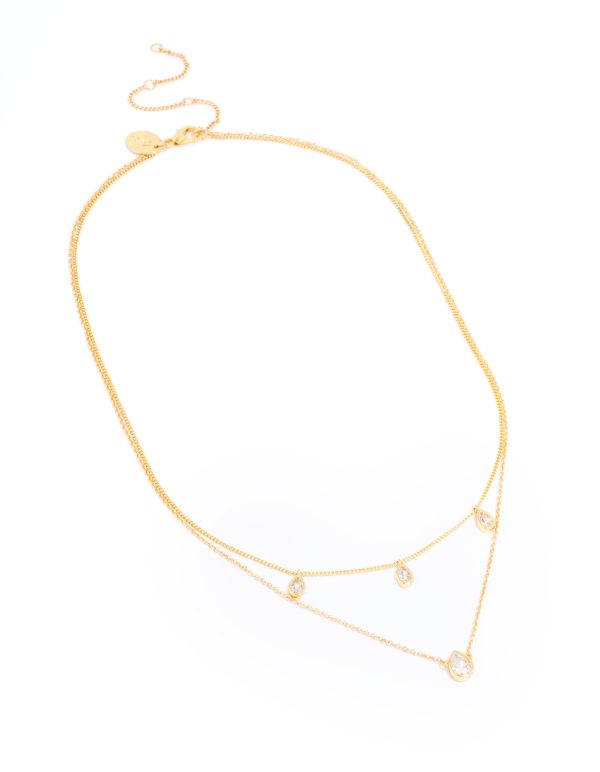 Gold Plated Brass Cubic Zirconia Teardrop Layered Necklace Discount - Image 3