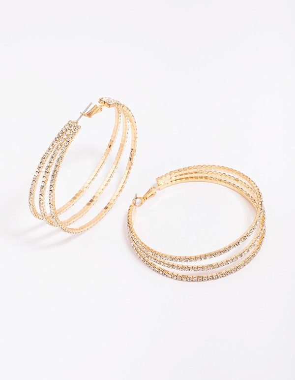 Gold Medium Triple Row Diamante Hoop Earrings For Cheap