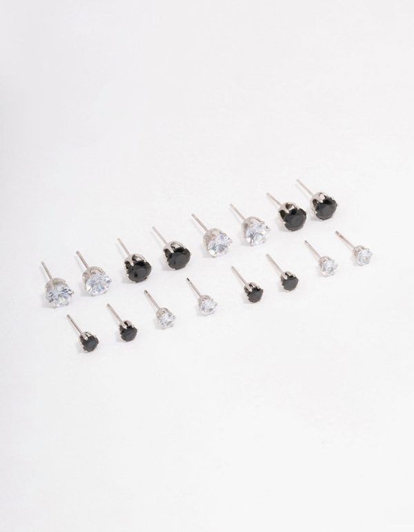 Silver Basic Diamante Stud Earring 8-Pack For Cheap