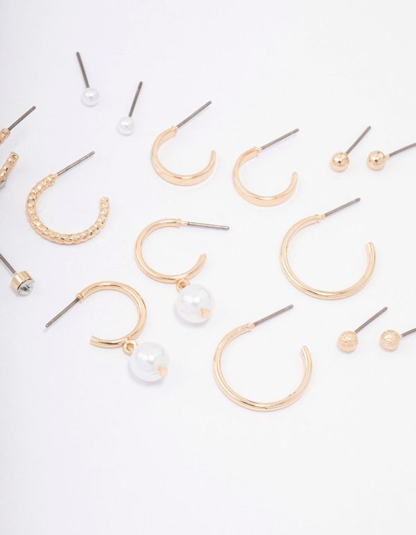 Gold Diamante Pearl Stud & Hoop Earring 8-Pack Sale - Image 3