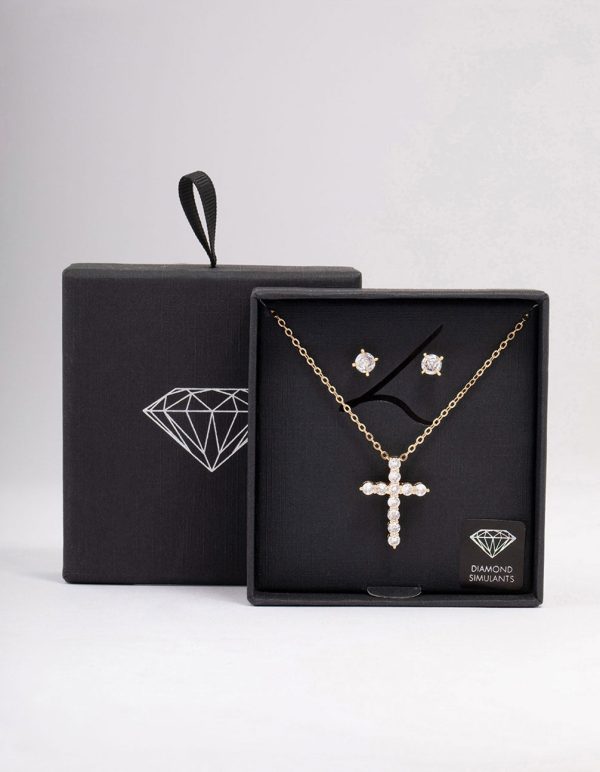 Gold Large Round Cubic Zirconia Cross Jewellery Set Online Sale - Image 3