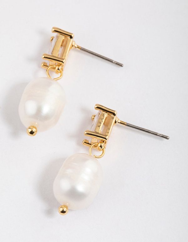 Gold Plated Cubic Zirconia Baguette & Freshwater Pearl Drop Earrings For Sale