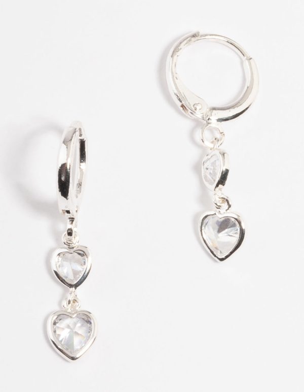 Silver Two Heart Drop Huggie Earrings Online Sale - Image 5