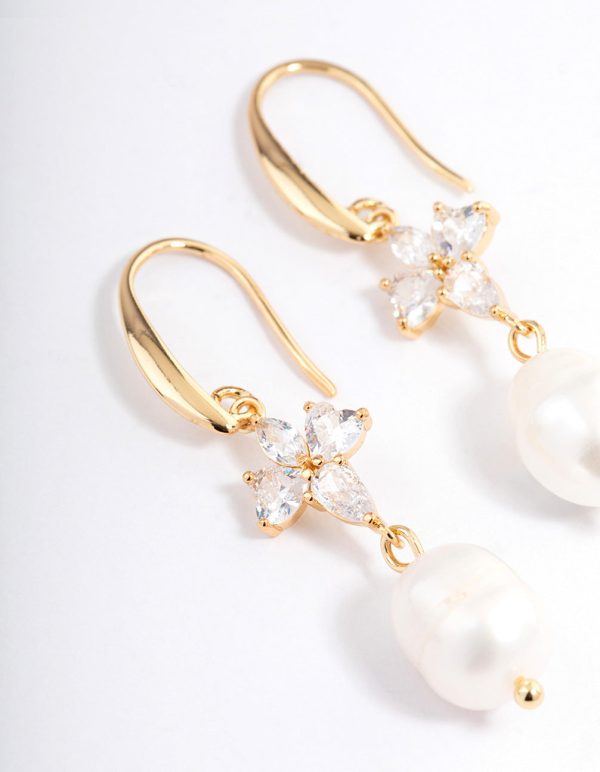 Gold Plated Cubic Zirconia & Freshwater Pearl French Drop Earrings on Sale - Image 2