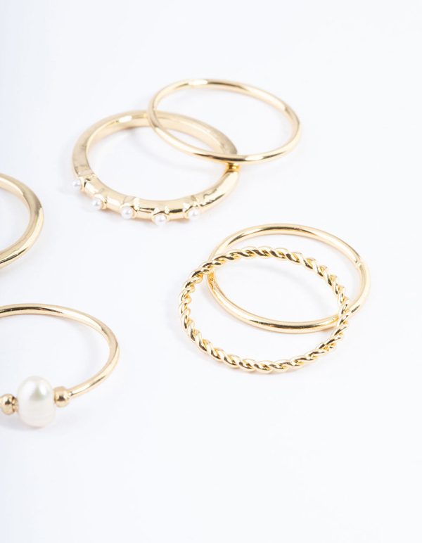 Gold Plated Freshwater Pearl Mixed Band Rings 6-Pack For Cheap - Image 3