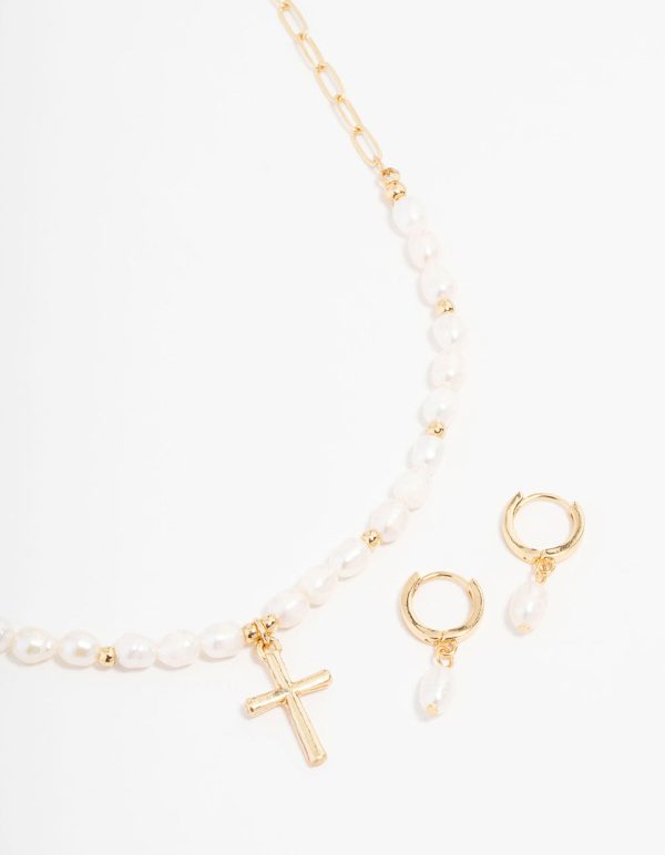 Gold Plated Freshwater Pearls Cross Necklace & Huggie Earrings Set Discount