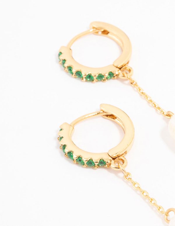 Gold Plated Cubic Zirconia Emerald & Freshwater Pearl Huggie Chain Drop Earrings Online now - Image 2