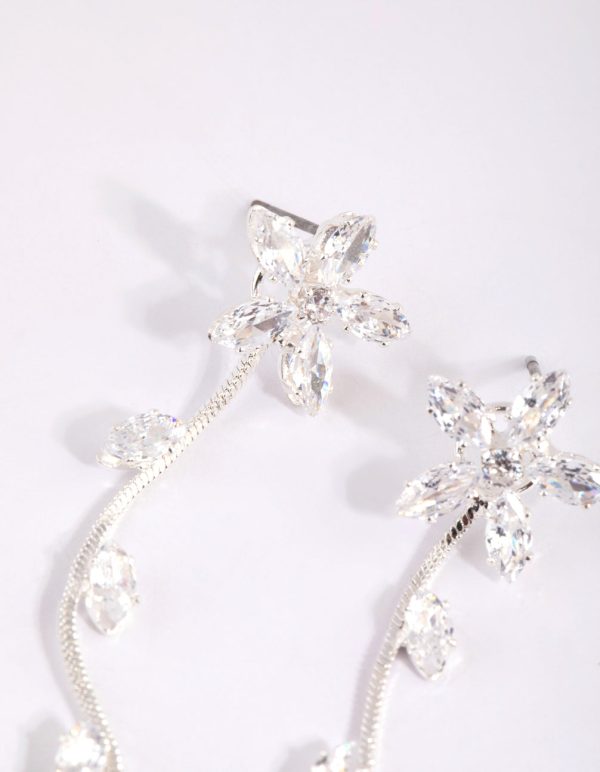 Silver Cubic Zirconia Flower Vine Drop Earrings Online now - Image 2