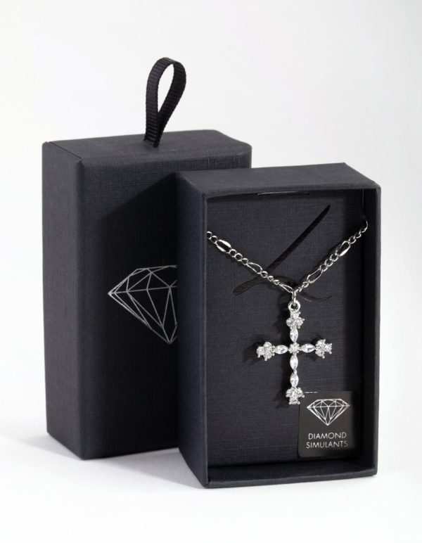 Silver Diamond Simulant Decorated Cross Necklace Online Hot Sale - Image 3
