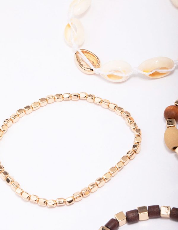 Neutral Wide Shell Stretch Beaded Bracelet 4-Pack Fashion - Image 3