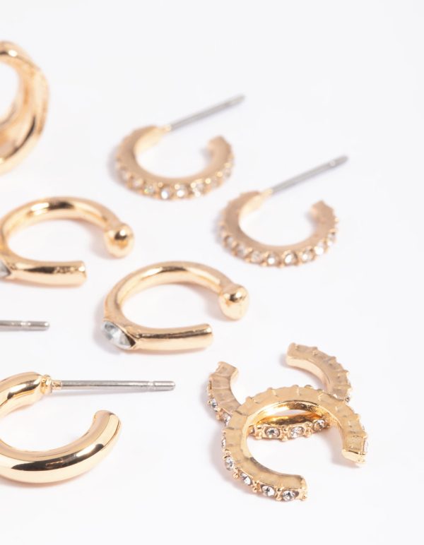 Gold Diamante Cuff & Huggie Earring Stack 5-Pack Online - Image 3