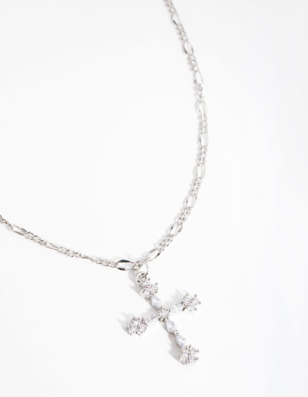 Silver Diamond Simulant Decorated Cross Necklace Online Hot Sale