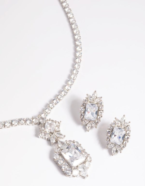 Silver Diamond Simulant Vintage Necklace & Earrings Set Online Hot Sale