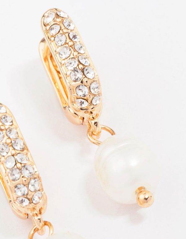 Gold Small Diamante & Pearl Drop Earrings on Sale - Image 3