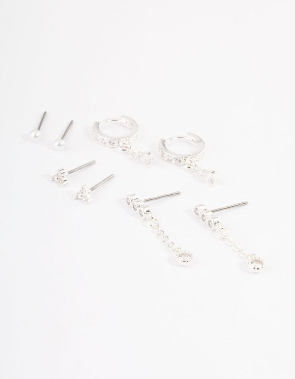 Silver Plated Cubic Zirconia Dainty Pearl Earrings 4-Pack For Discount