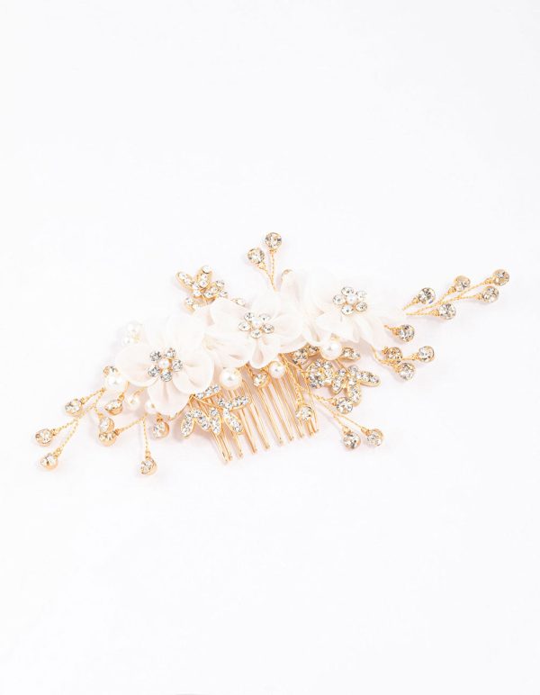 Gold Flower Diamante & Pearl Hair Comb Online Sale