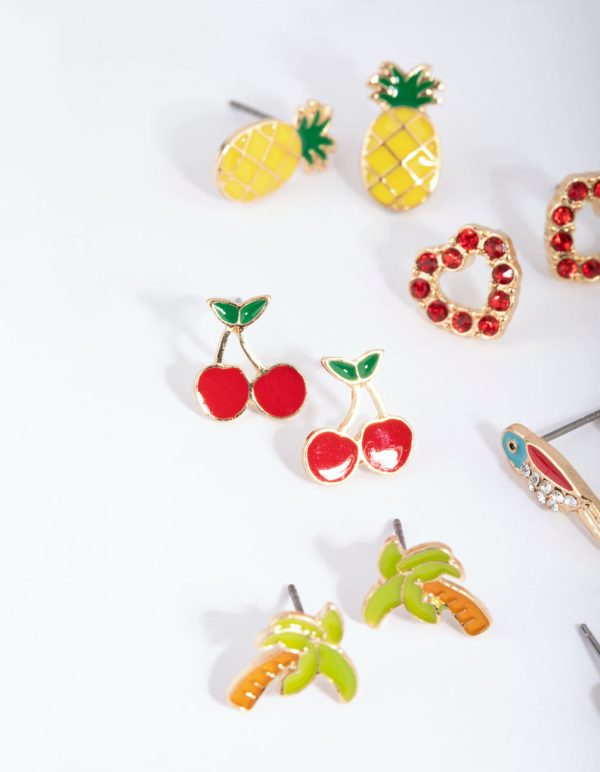 Gold Summer Fruit Stud Earring 8-Pack For Sale - Image 3