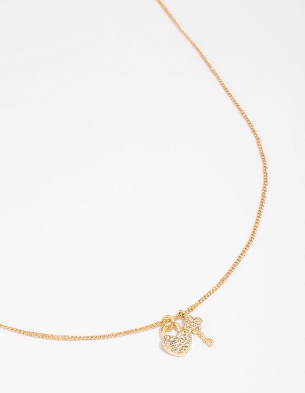 Gold Plated Lock & Key Pendant Necklace For Sale
