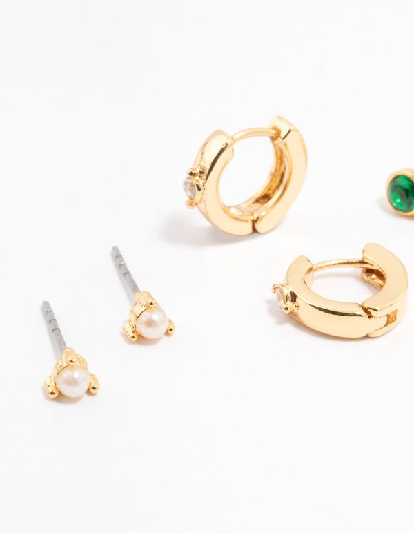 Gold Plated Emerald Stone & Pearl Earrings 4-Pack Cheap - Image 2