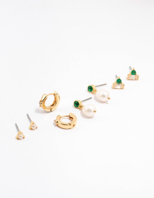 Gold Plated Emerald Stone & Pearl Earrings 4-Pack Cheap