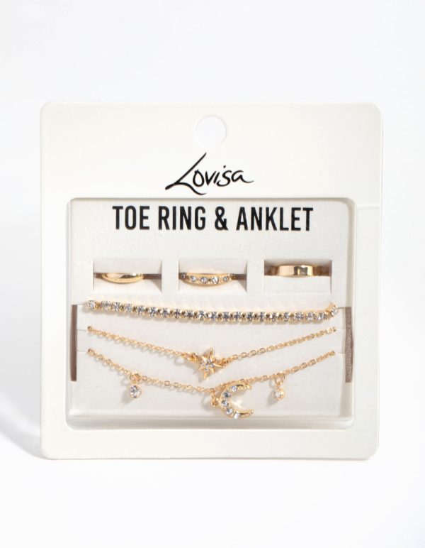 Gold Moon Anklet & Toe Ring 6-Pack Set For Discount - Image 4