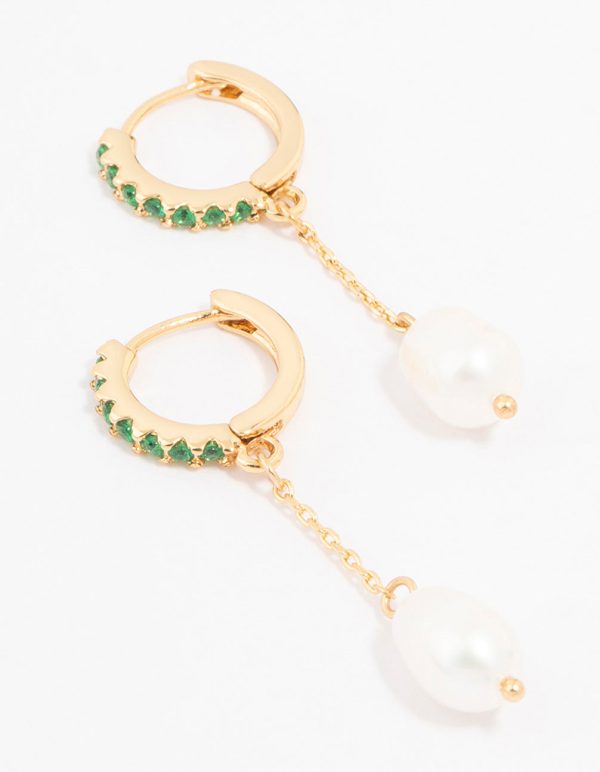 Gold Plated Cubic Zirconia Emerald & Freshwater Pearl Huggie Chain Drop Earrings Online now