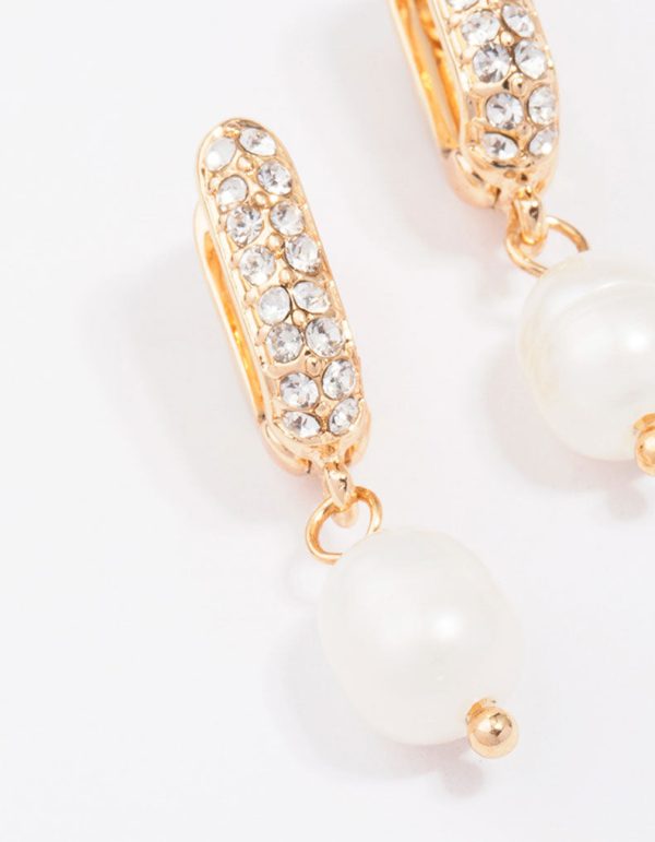 Gold Small Diamante & Pearl Drop Earrings on Sale - Image 2