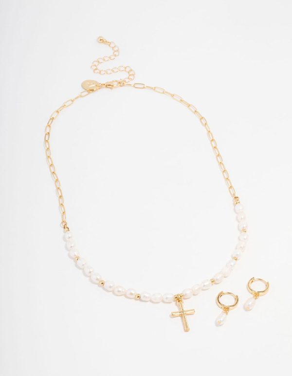 Gold Plated Freshwater Pearls Cross Necklace & Huggie Earrings Set Discount - Image 2