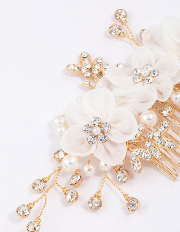 Gold Flower Diamante & Pearl Hair Comb Online Sale - Image 2