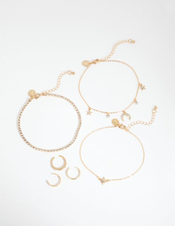 Gold Moon Anklet & Toe Ring 6-Pack Set For Discount