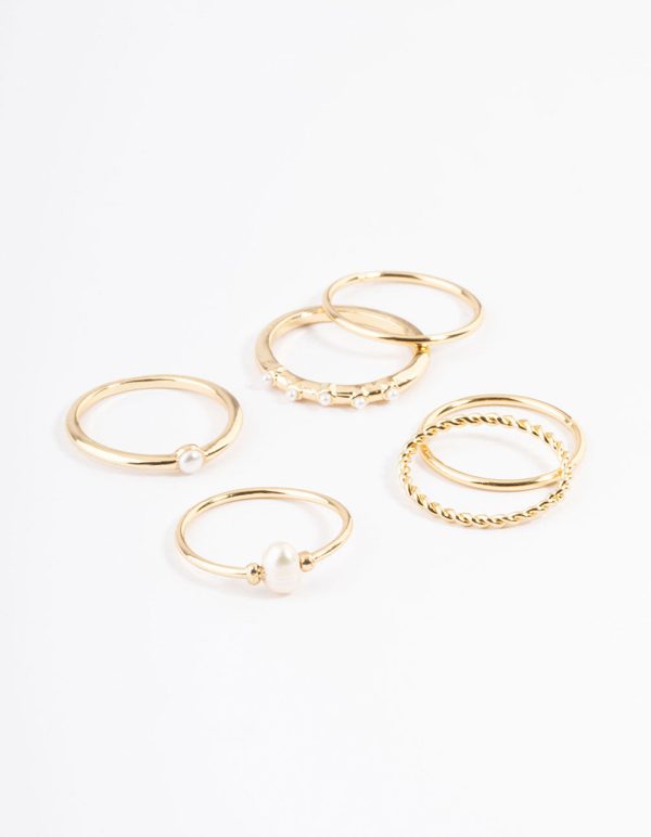 Gold Plated Freshwater Pearl Mixed Band Rings 6-Pack For Cheap