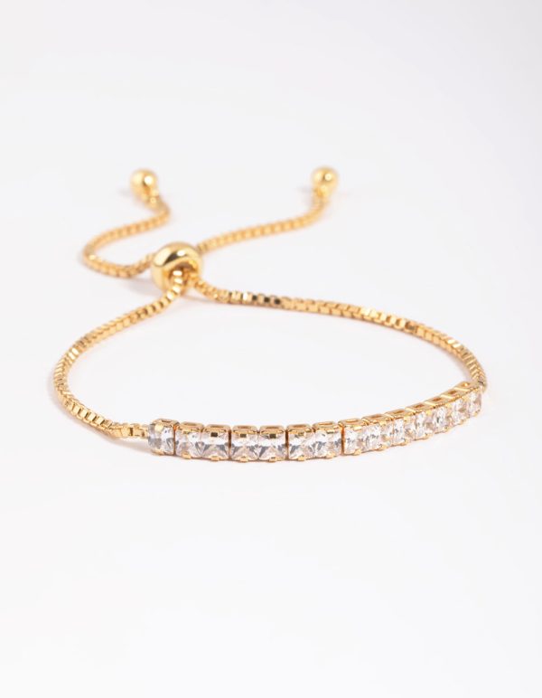 Gold Plated Cubic Zirconia Box Chain Toggle Tennis Bracelet For Sale