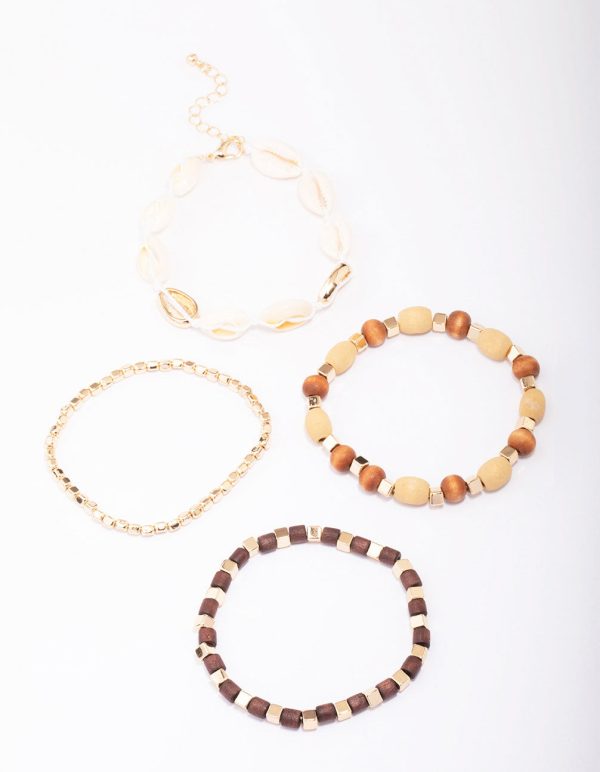 Neutral Wide Shell Stretch Beaded Bracelet 4-Pack Fashion