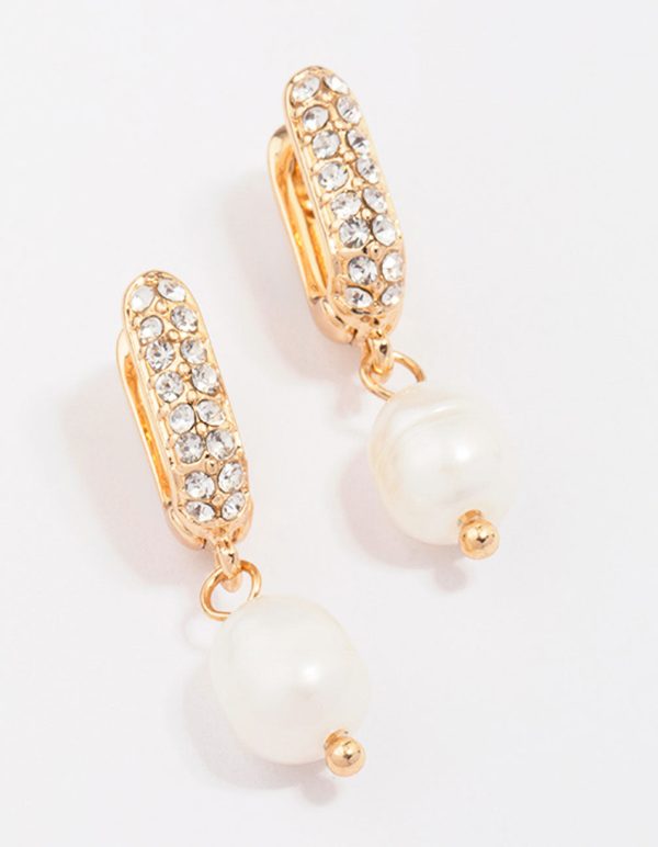 Gold Small Diamante & Pearl Drop Earrings on Sale