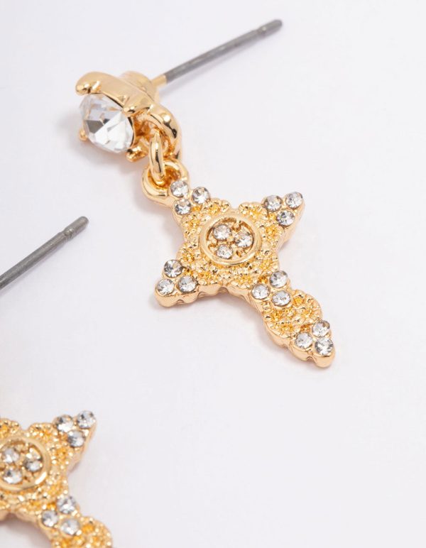 Gold Plated Diamante Cross Drop Earrings For Sale - Image 3
