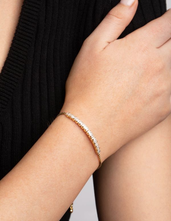 Gold Plated Cubic Zirconia Box Chain Toggle Tennis Bracelet For Sale - Image 2