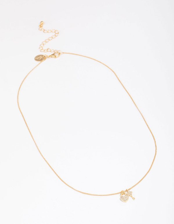 Gold Plated Lock & Key Pendant Necklace For Sale - Image 3