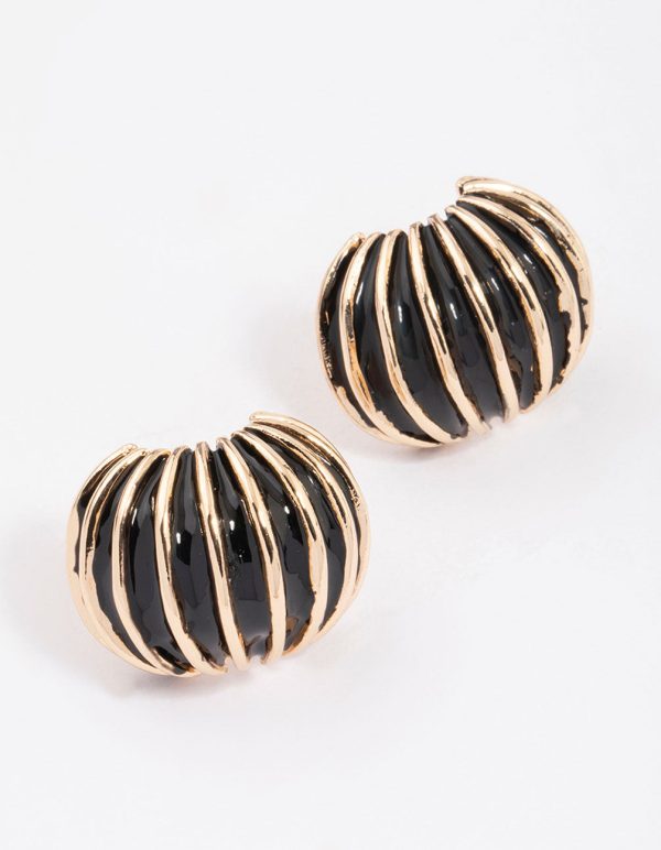Gold & Black Ribbed Small Stud Earrings on Sale