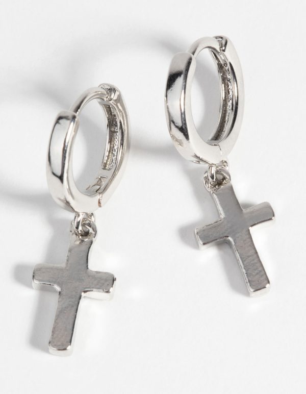 Silver Cross Huggie Hoop Earrings Sale