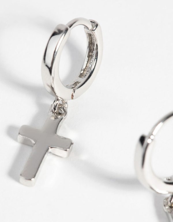 Silver Cross Huggie Hoop Earrings Sale - Image 3