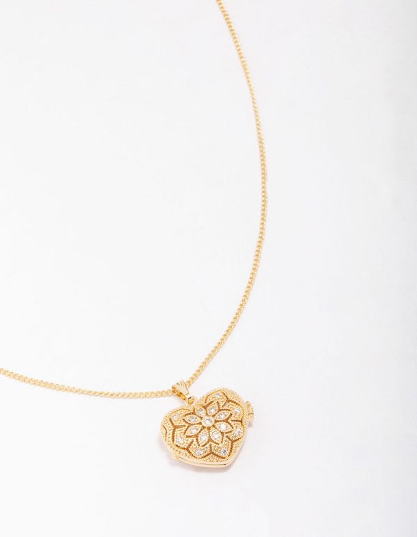 Gold Plated Heart Locket Cubic Zirconia Pendant Necklace For Sale