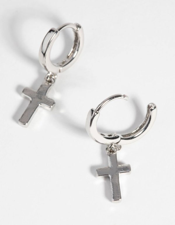 Silver Cross Huggie Hoop Earrings Sale - Image 2